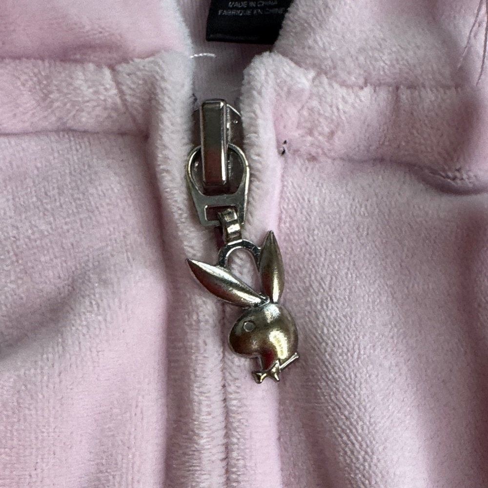90’s PLAYBOY Pink Rhinestone Velour Cropped Hooded Sweatshirt - Picture 4 of 6